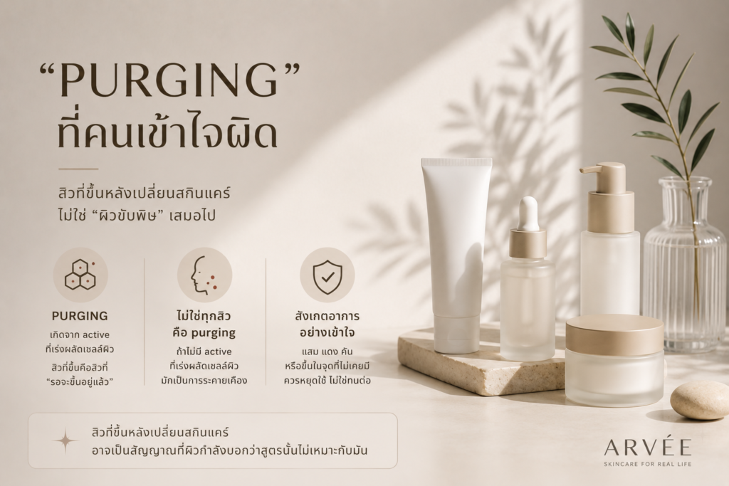 Purging (ภาวะที่ผิวขับสิ่งอุดตันออกมาก่อนดีขึ้น) เกิดเฉพาะกับ active ที่เร่งผลัดเซลล์ผิว ไม่ใช่ทุกอาการแพ้