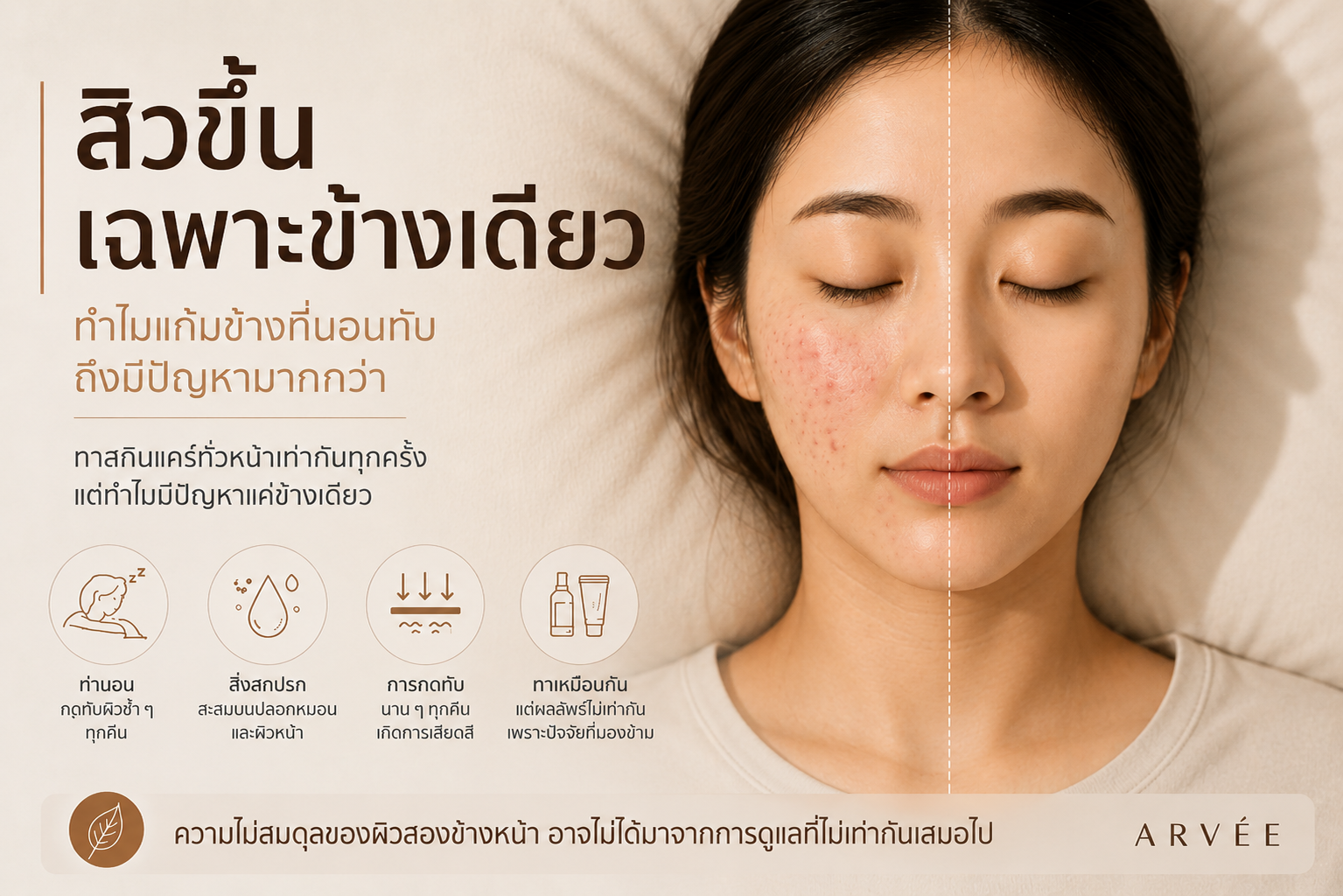 ผิวสองข้างหน้าไม่เหมือนกัน อาจเกิดจากท่านอน การกดทับ และการสัมผัสปลอกหมอนซ้ำ ๆ ทุกคืน ไม่ใช่เพราะทาสกินแคร์ไม่ทั่ว