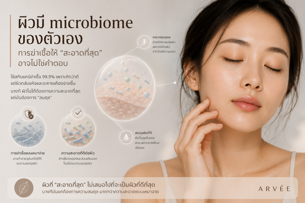 ผิวมี microbiome (กลุ่มจุลินทรีย์บนผิว) ของตัวเอง การฆ่าเชื้อมากเกินไปอาจรบกวนสมดุลนี้