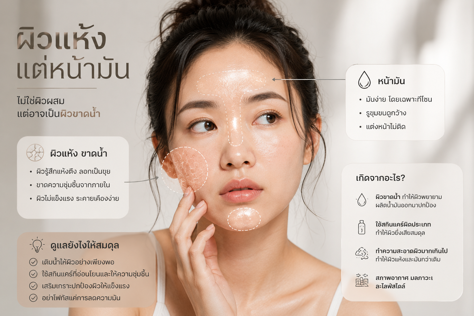 ผิวแห้งแต่หน้ามัน อาจเป็นสัญญาณของผิวขาดน้ำ ไม่ใช่ผิวมันเกินอย่างที่คิด