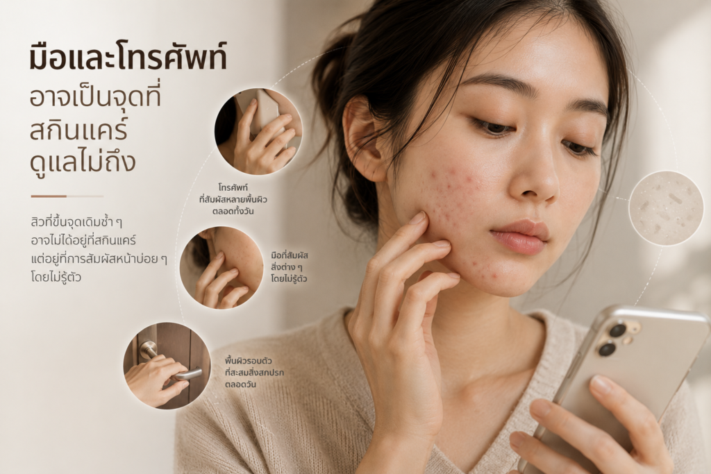 มือและโทรศัพท์ที่สัมผัสผิวหน้าซ้ำ ๆ ตลอดวัน อาจเป็นหนึ่งในสาเหตุที่ทำให้สิวขึ้นซ้ำบริเวณแก้มและคาง