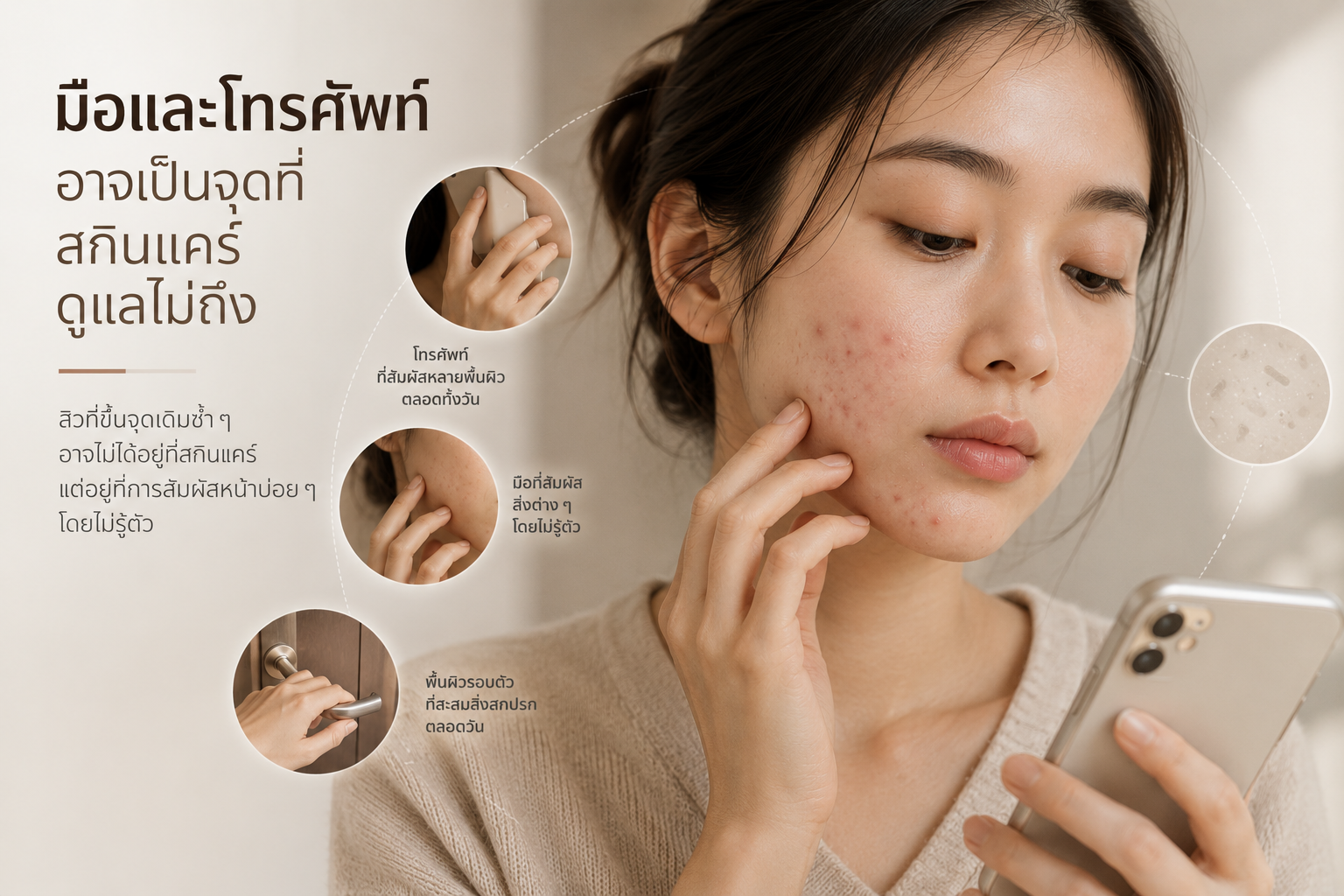 มือและโทรศัพท์ที่สัมผัสผิวหน้าซ้ำ ๆ ตลอดวัน อาจเป็นหนึ่งในสาเหตุที่ทำให้สิวขึ้นซ้ำบริเวณแก้มและคาง