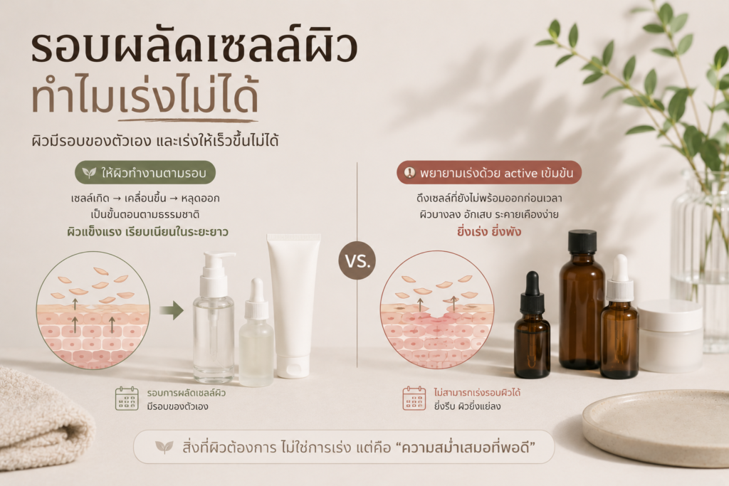 ผิวมีรอบผลัดเซลล์คงที่ การเร่งด้วย active เข้มข้นเกินไปทำให้อักเสบแทนที่จะดีขึ้นเร็ว