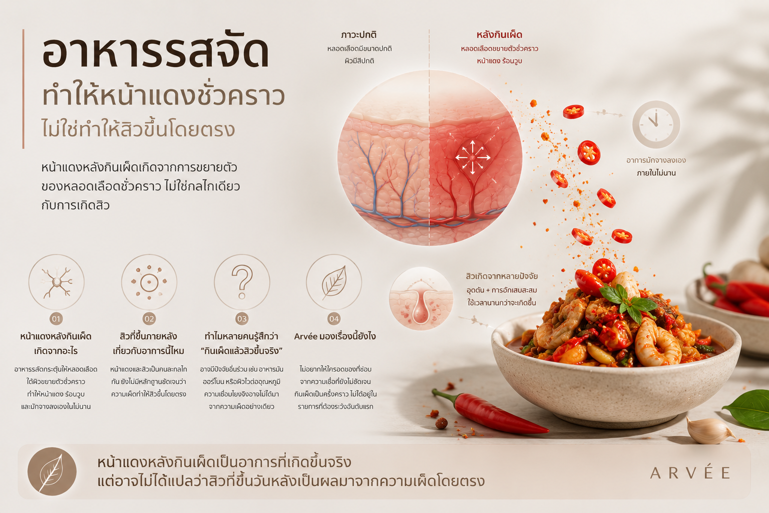 หน้าแดงหลังกินเผ็ดเกิดจากการขยายตัวของหลอดเลือดชั่วคราว ไม่ใช่กลไกเดียวกับการเกิดสิว